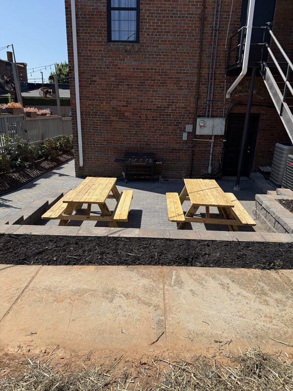 The new patio behind the lodge, with picnic tables
